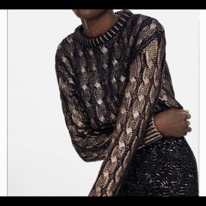 Zara Cropped Cable Sweater Black Gold Metallic Size M